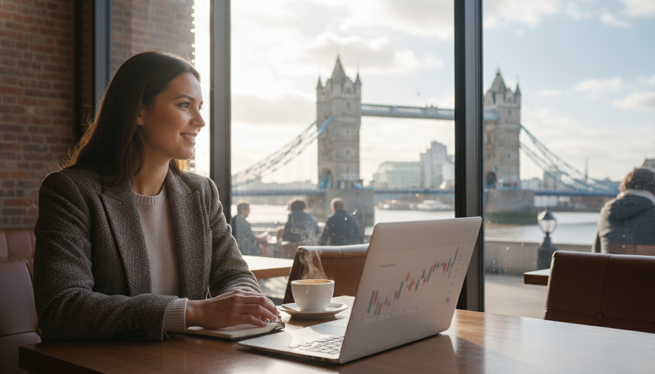 A professional yet casual entrepreneur sitting in a modern London cafe with a laptop, looking at the iconic Tower Bridge through the window, high resolution, photorealistic, cinematic lighting.
