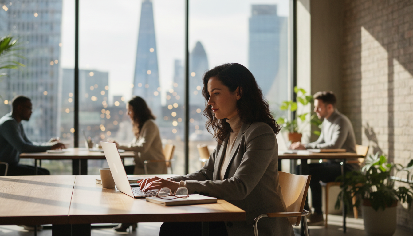 A photorealistic, high-resolution shot of a young expat entrepreneur sitting in a sunlit, modern London co-working space, focused on a laptop with the iconic London skyline visible through large glass windows, featuring soft bokeh and professional lighting.