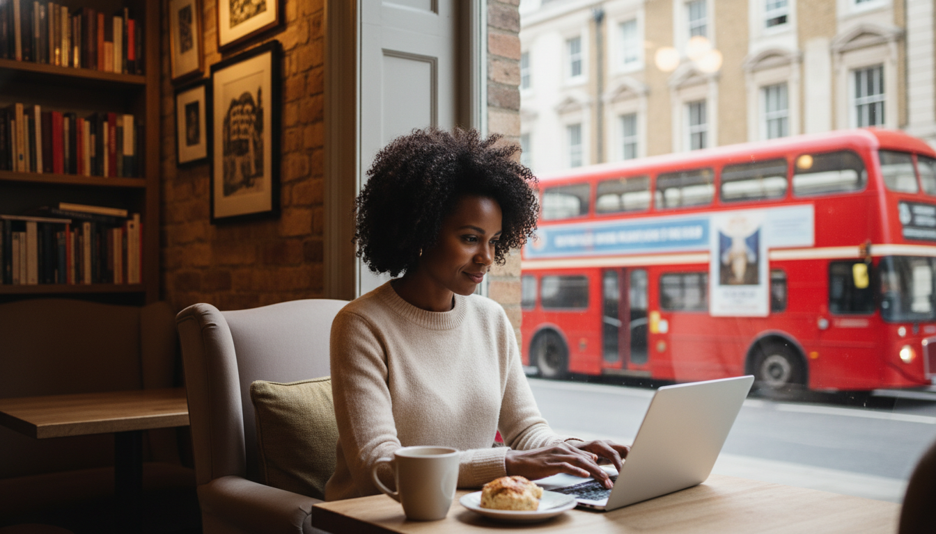 A photorealistic image of a diverse entrepreneur sitting in a cozy London cafe, typing on a laptop with a view of a red double-decker bus through the window, warm and inviting atmosphere, 4k resolution, cinematic lighting.