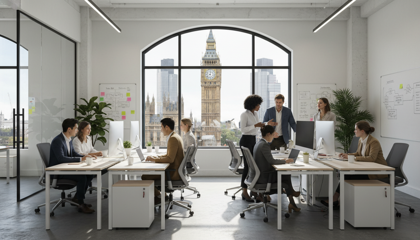 A diverse group of young entrepreneurs in a bright, modern London co-working space, with Big Ben visible through a large window, high-quality, photorealistic style.