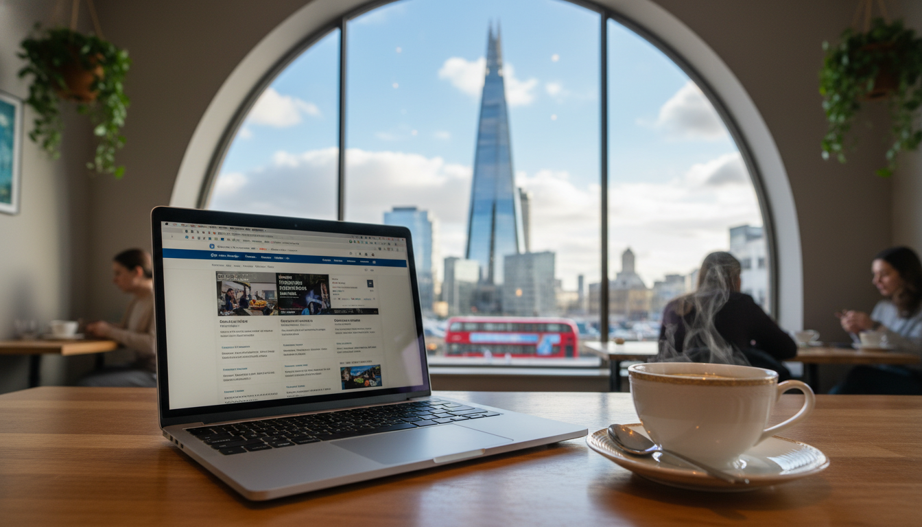 A high-quality, photorealistic shot of a modern laptop on a wooden desk in a bright London cafe, with a view of the Shard in the background and a cup of Earl Grey tea next to the keyboard.