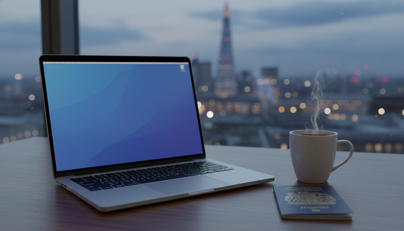A high-quality, photorealistic image of a modern laptop on a wooden desk next to a cup of coffee and a UK passport, with a blurred background of a London skyline through a window.