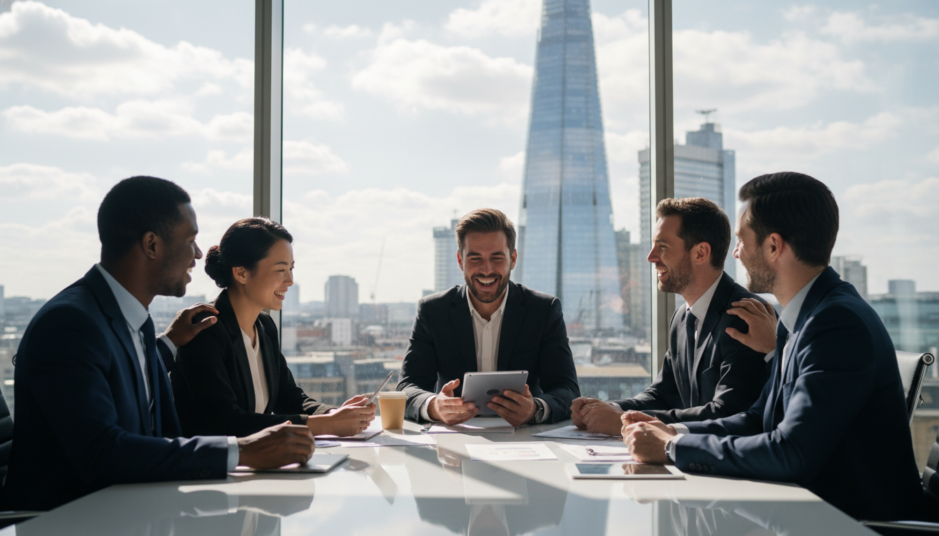A diverse group of professional expats having a cheerful business meeting in a modern, glass-walled office in central London with the Shard visible in the background, cinematic lighting, photorealistic style.