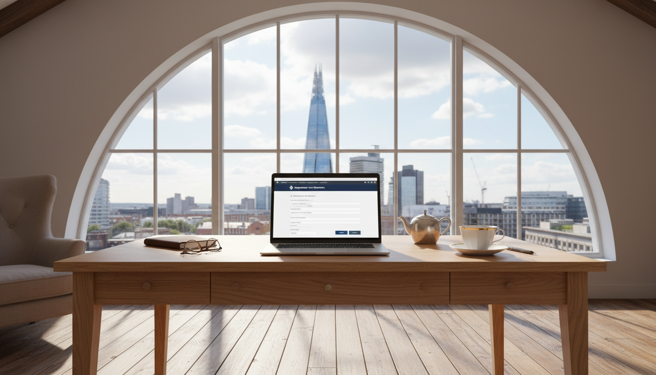 A photorealistic, high-resolution image of a stylish wooden office desk in a bright London loft. On the desk, there is a modern silver laptop showing a business registration website, a cup of English tea, and a view of the Shard through the window in the background.