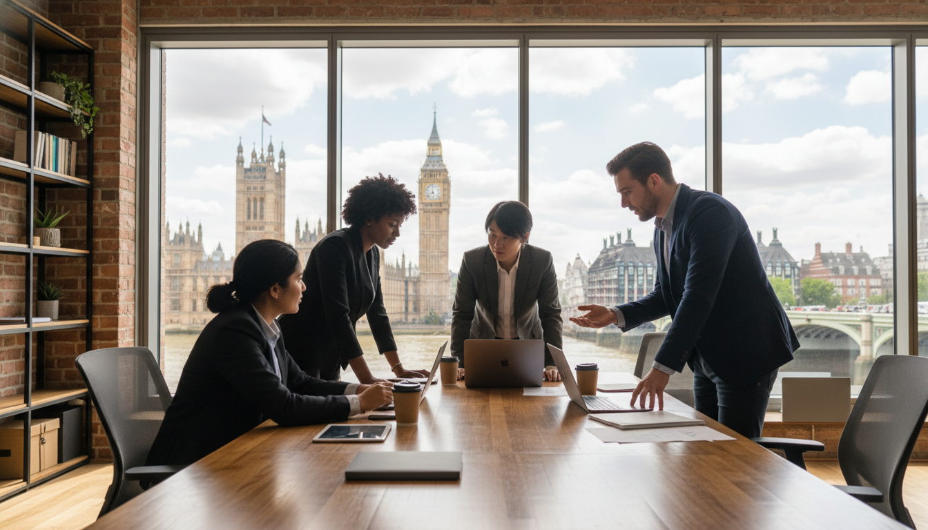 A diverse group of young entrepreneurs sitting in a modern, sunlit London co-working space, collaborating over laptops and coffee with Big Ben visible through the window in the background, photorealistic style, high resolution.
